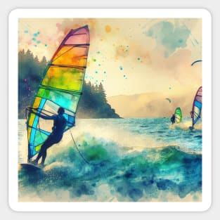 Artistic illustration of windsurfers at Mount Hood Sticker